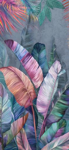 an image of colorful tropical leaves on a gray background with pink, green and blue colors