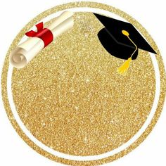 a graduation cap and tassel on top of a gold glitter circle with a red ribbon