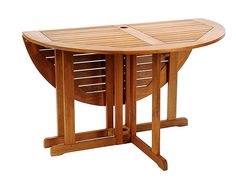 a wooden table with an oval shaped top and slatted design on the bottom