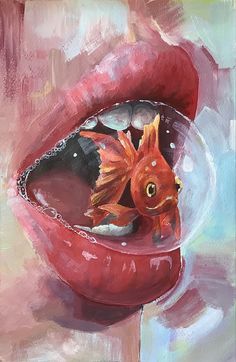 a painting of a goldfish in a red bowl