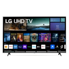 the lg uhd tv is shown with many different apps on it, including movies and