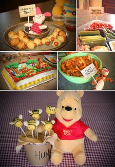 winnie the pooh birthday party with food and desserts, including honeybears