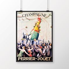 a poster hanging on the wall shows people dancing and holding champagne bottles in their hands