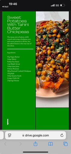 an image of a plate with food on it and the words sweet potato, buttered chickpeas