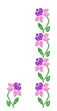 a cross stitch pattern with flowers and leaves on the bottom, in pink and purple colors