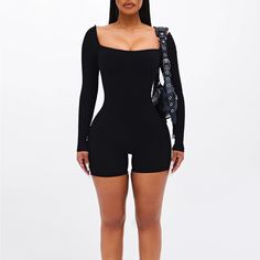 Brand New, Never Worn Long Sleeve Square Neck Biker Short Romper Has Stretch Compression Ribbed Material Pants Romper Outfit, Long Sleeve Jumpsuit Outfit, Short Jumpsuit Outfit, Pant Romper Outfit, Black Short Jumpsuit, Fashion Nova Romper, Swag Fits, Black Lace Jumpsuit, Black Sleeveless Jumpsuit