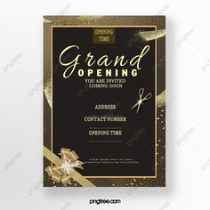 a grand opening flyer with gold ribbon and bow