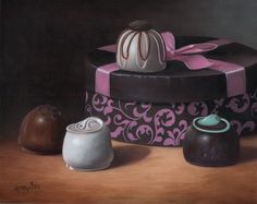 an oil painting of two teapots and a cake