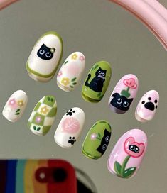 Chibi Nail Art, Cute Character Nails, Kawaii Nail Art Korean, On Tattoo, Fake Nails Designs, Anime Nails