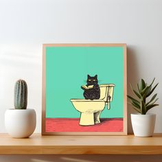 a black cat sitting on top of a toilet in front of a green wall and potted plant