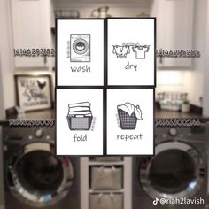 four cards with laundry symbols on them in front of washer and dryer