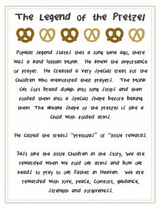 the legend of the pretzel poem is written in gold and black on a white background