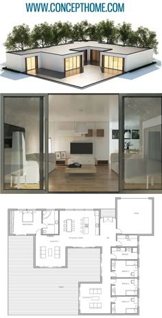 the floor plan for a modern house with three rooms and one living room in it