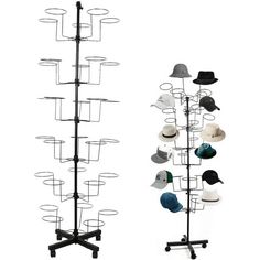 a hat rack with hats on it next to a white wall and a black stand