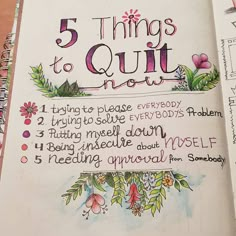 an open notebook with the words 5 things to quilt now written in cursive writing