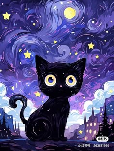 a black cat sitting on top of a hill under a night sky with stars and the moon