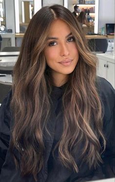 Ideas For Dark Brown Hair Highlights, Dimensional Brunette Face Framing, Lowlights Before And After Brunettes, Modern Brunette Hair Color, Best Hair Color For Hazel Eyes Brunettes, Honey Brown With Dark Roots, Hair Brunnete Ideas, Fall Fashion Must Haves 2023, Soft Brown Hair With Highlights Caramel