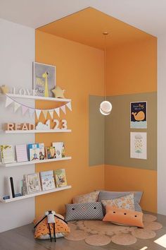 a child's room with an orange wall and bookshelves on the shelves