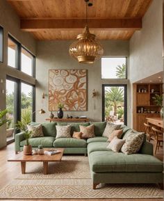 Couch Boho Living Rooms, Cozy Chic Interior Design, Wood Green Interior Design, Modern Interior Farmhouse, Boho Interior Living Room, Scandi Boho Living Room Inspiration, Minimalism House Interior, Sage Green Modern Living Room, Scandi Coastal Living Rooms