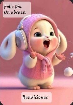 a cartoon character with headphones on and an expression that says feliz pila um abraz