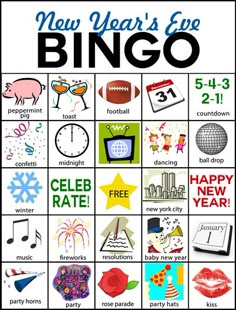 a new year's eve bingo game with pictures and words