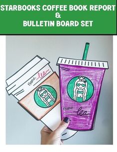 the starbucks coffee book report and bulletin board set is shown in purple, green and white