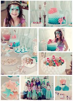 a collage of photos with little mermaids on them and cake in the middle