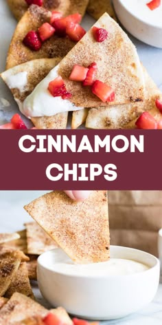 cinnamon chips with strawberries and cream on top are served in small white bowls for dipping