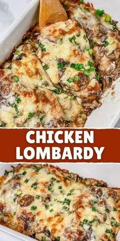 chicken lombardy casserole in a white dish with a wooden spoon