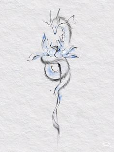 a drawing of a dragon on paper with blue and white ink in the shape of a flower