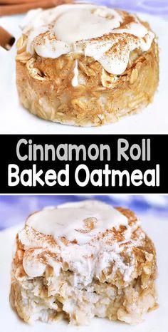 cinnamon roll baked oatmeal on a white plate