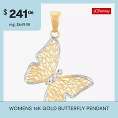 Included: 1 Pendant(s)Features: Quick ShipShape: Butterfly, AnimalsMetal Color: Two TonePendant Length: 19.4mmPendant Width: 19.7mmCare: Wipe CleanMetal: 14k GoldCountry of Origin: Imported Gold Butterfly, Butterfly Pendant, Charms, Necklaces, Pendant Necklace, Pendant, Gold, Color