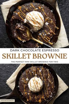 chocolate espresso skillet brownie with ice cream on top