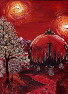 an acrylic painting of a red landscape with trees and mountains in the background