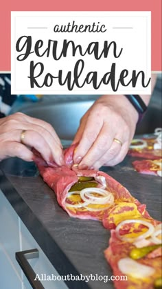 someone cutting up some meat on top of a counter with the words authentic german rouladen