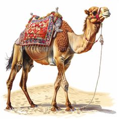 a drawing of a camel with saddles on it's back, standing in the desert