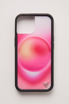 an iphone case with a pink and red design on the back, sitting on a white surface