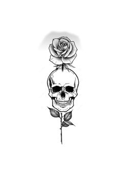 a black and white drawing of a skull with a rose on it