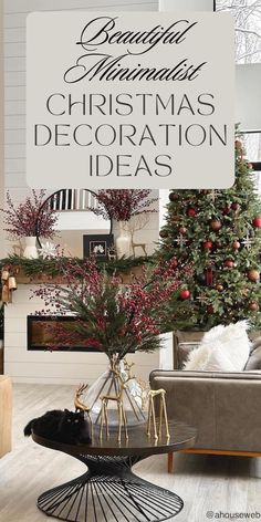 a living room decorated for christmas with the words seasonal christmas decoration ideas on it and a fireplace in the background