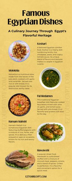 an info sheet with different types of food on it and the words famous egyptian dishes