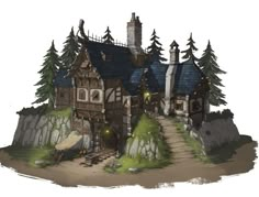 an illustration of a house in the woods