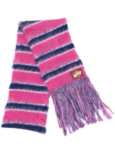 striped knitted scarf from MARNI featuring mohair-wool blend, horizontal stripe pattern, logo patch to the front, fringe detailing, long length and starlight pink. | Marni Striped Knitted Scarf Stripe Scarf Knit, Weaving Scarfs, Mohair Scarf, Front Fringe, Mohair Knit, Pattern Logo, Striped Scarves, Mohair Wool, Knitting Accessories