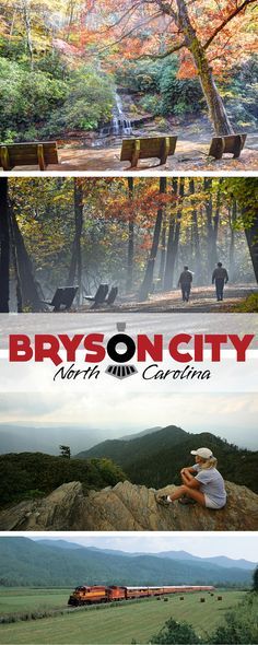 the cover of bryson city north carolina, with three different scenes in red and white