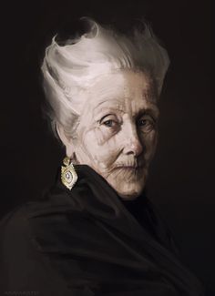 an old woman with white hair wearing a black coat and earrings on her head, looking at the camera