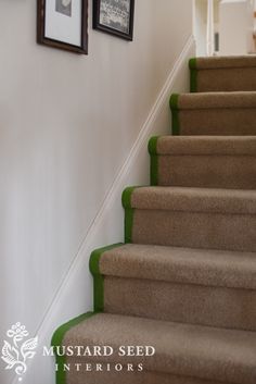 the stairs are lined with carpet and framed pictures on the wall next to each other