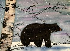 a painting of a black bear standing in the snow next to a tree with birds on it