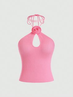 Pink Casual Collar Sleeveless Knitwear Plain  Embellished High Stretch  Women Clothing Summer Knit Tops, Pinterest Closet, Knitted Top, 3d Flowers, Summer Knitting, Inspiration Mode, Kids Beachwear, Knitwear Women, Maternity Bag