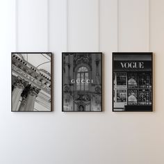 three black and white photographs hanging on the wall