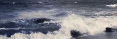 an ocean with waves crashing on the shore and two people standing in the water looking at them