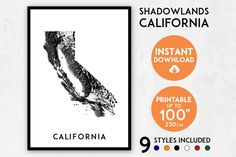 the california state map is shown in black and white, with orange circles around it